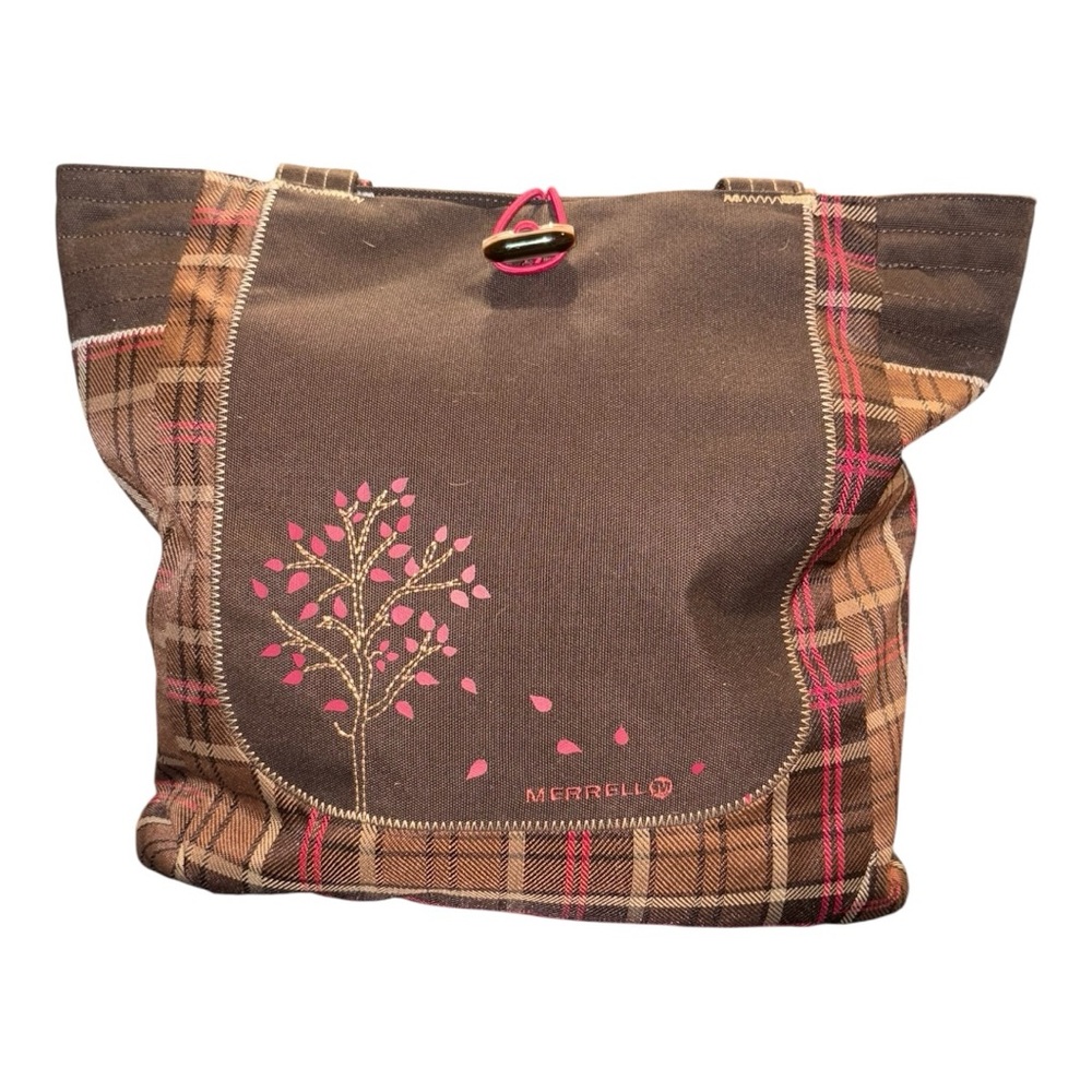Merrell Large Brown Plaid Canvas Tote Bag with Pink Tree Design Toggle Clasp